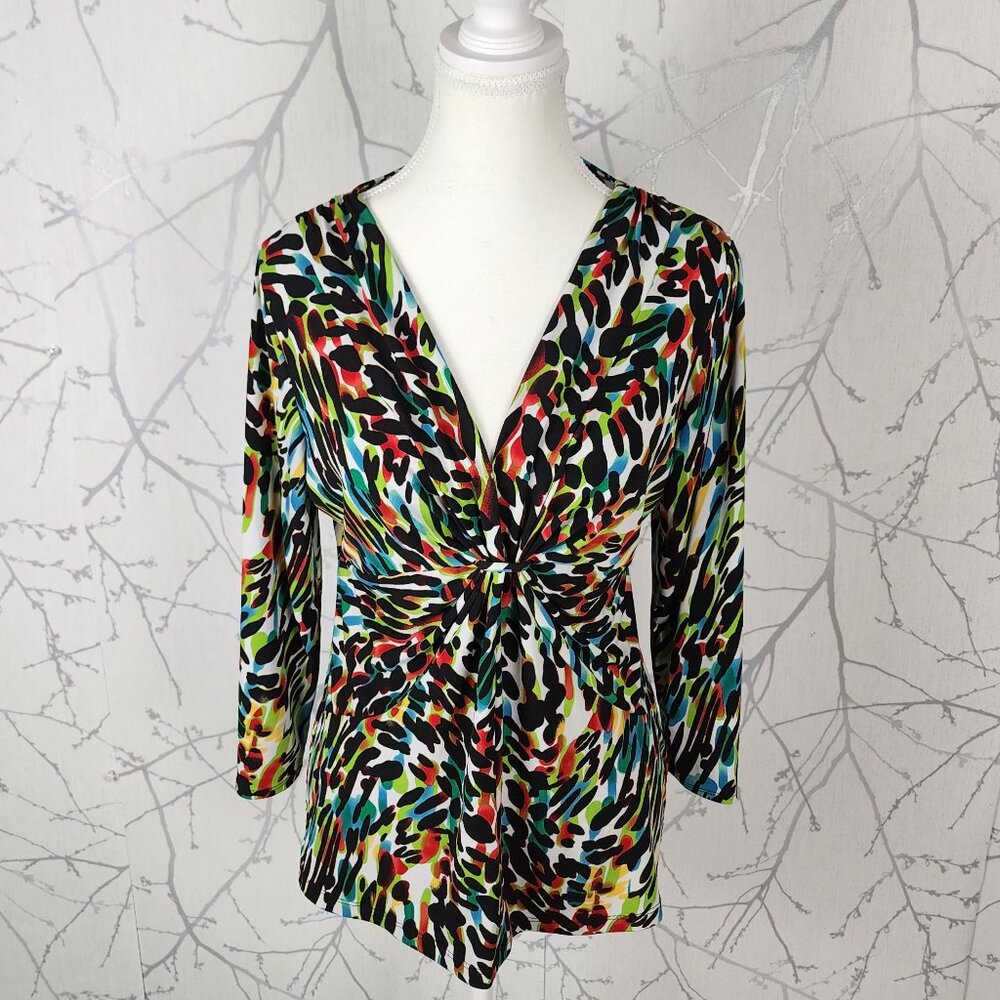 Chaus Colorful Rainbow Leopard Print Twist Front Blouse